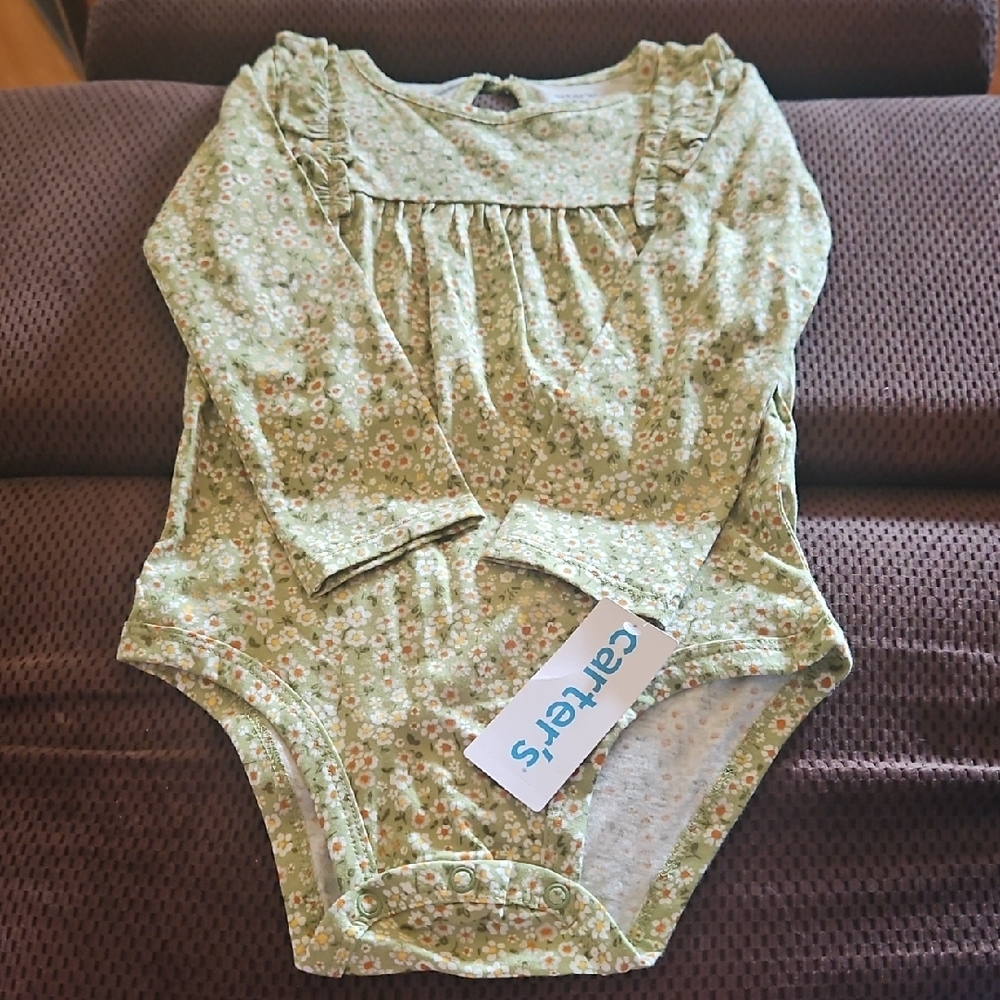 Carter's Light Green Floral Ruffle Long-Sleeve Baby Bodysuit: 24 Month